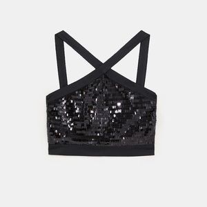 Zara Basic Black Sequin Crop Top Size Medium NWOT